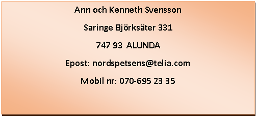 Textruta: Ann och Kenneth SvenssonSaringe Björksäter 331747 93  ALUNDAEpost: nordspetsens@telia.comMobil nr: 070-695 23 35