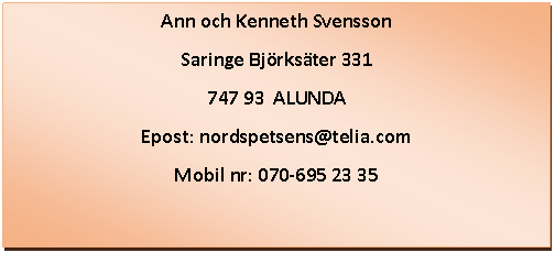 Textruta: Ann och Kenneth SvenssonSaringe Bjrkster 331747 93  ALUNDAEpost: nordspetsens@telia.comMobil nr: 070-695 23 35